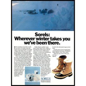 1987 Kaufman Sorels Winter Boots Vintage Print Ad Base Camp Baffin Island Arctic